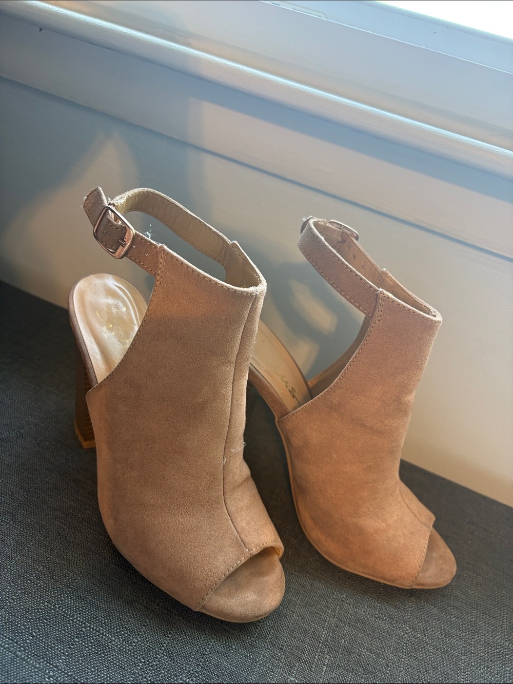 Lulu's Taupe Suede Open-Toe Slingback Heels